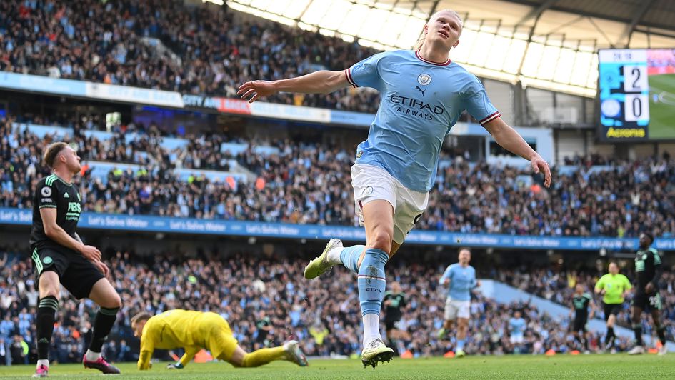 Erling Haaland celebrates a goal against Leicester