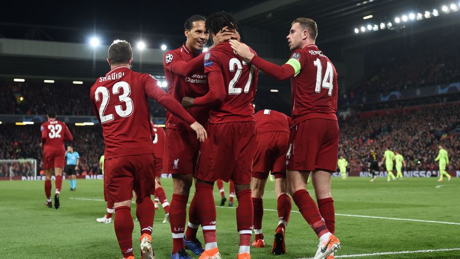 Liverpool celebrate Divock Origi's second goal in the Champions League v Barcelona