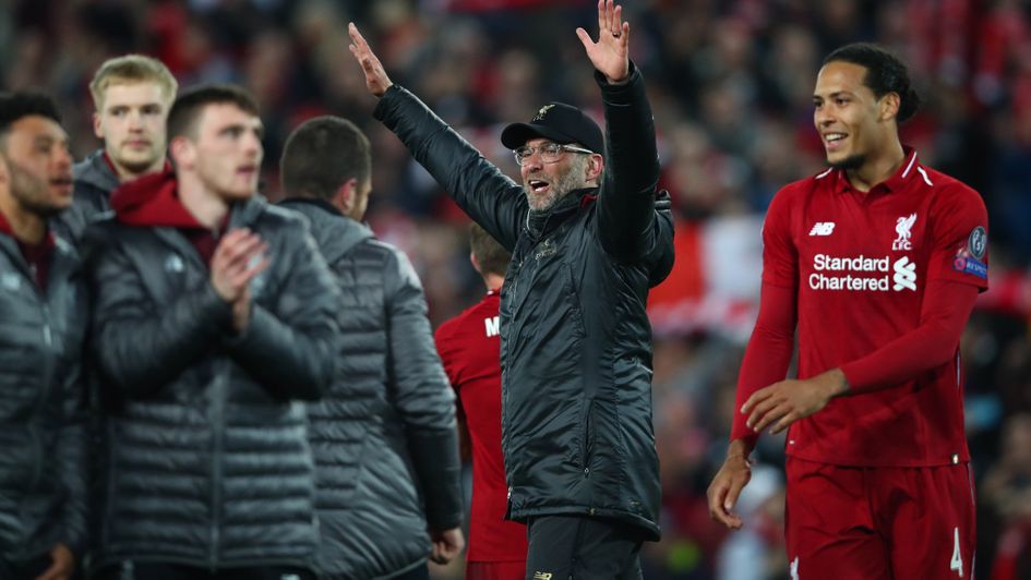 Jurgen Klopp celebrates after Liverpool's shock victory over Barcelona to reach the Champions League final