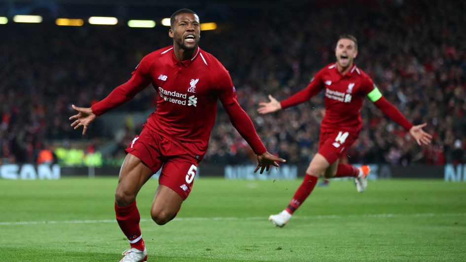 Georginio Wijnaldum: The Dutch midfielder celebrates after scoring his second goal against Barcelona