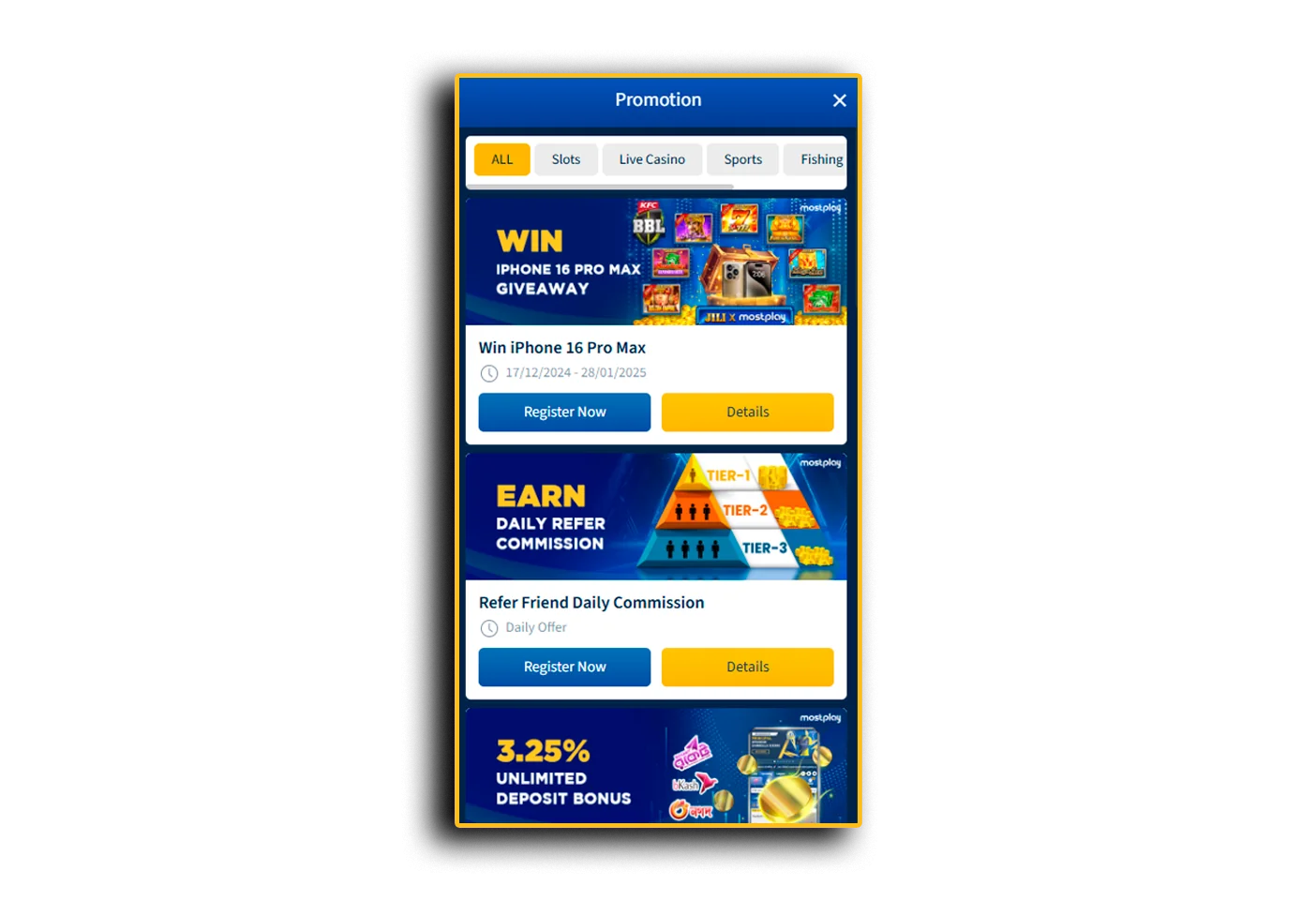 Selecting the desired bonus from Mostplay